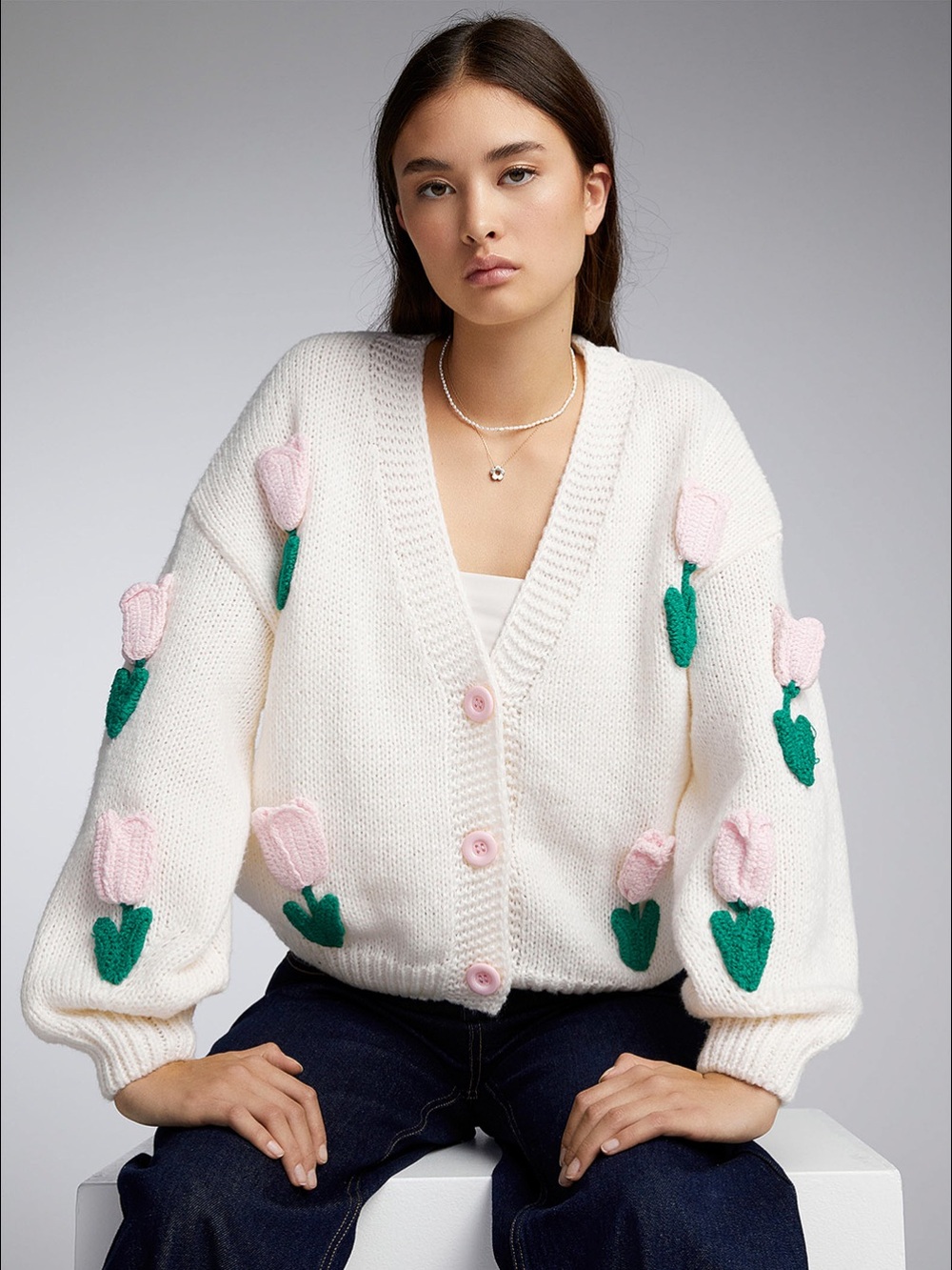 Dreamers Oversized Cream Knit Cardigan Sweater Pink Tulip Appliqué Cottagecore
